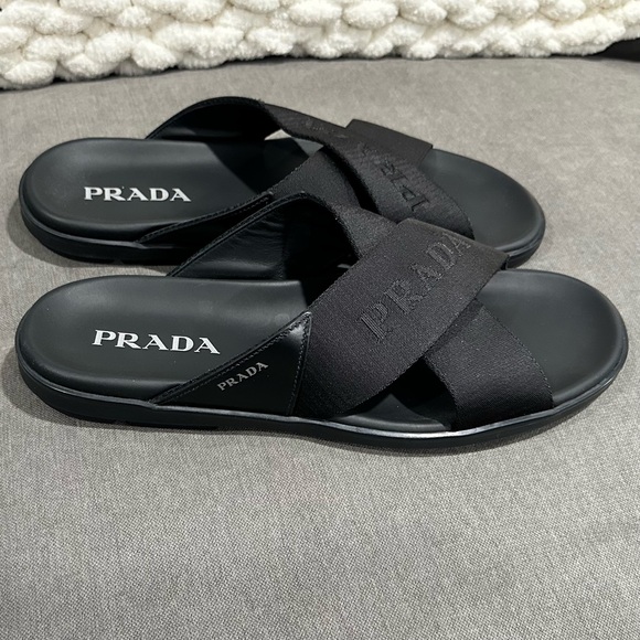Prada Men's Nastro Web Logo Slides Sandals - Picture 6 of 16